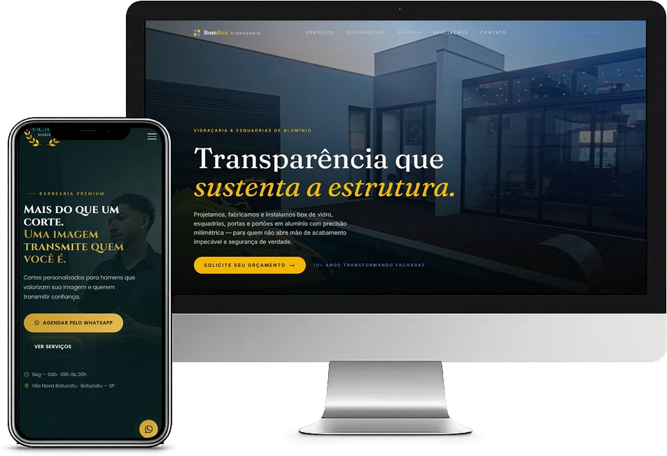 Monitor mostrando o site da BomBox Vidraçaria e celular mostrando o site de uma barbearia, ambos desenvolvidos pela LZN Studio.